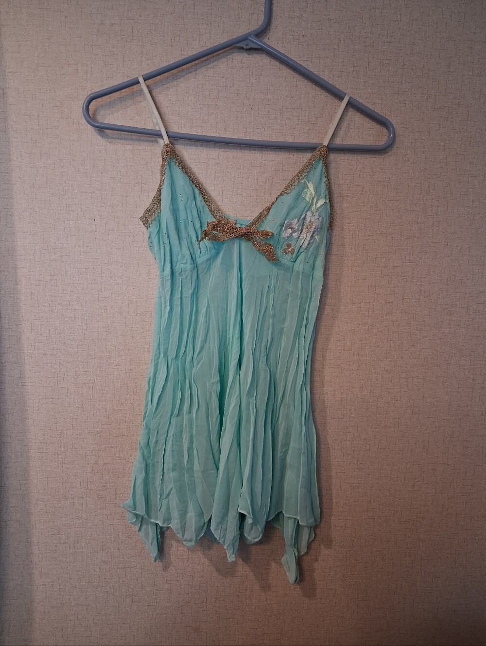 y2k Sans Souci blue & green floral slip Top with gold trim and bow detail